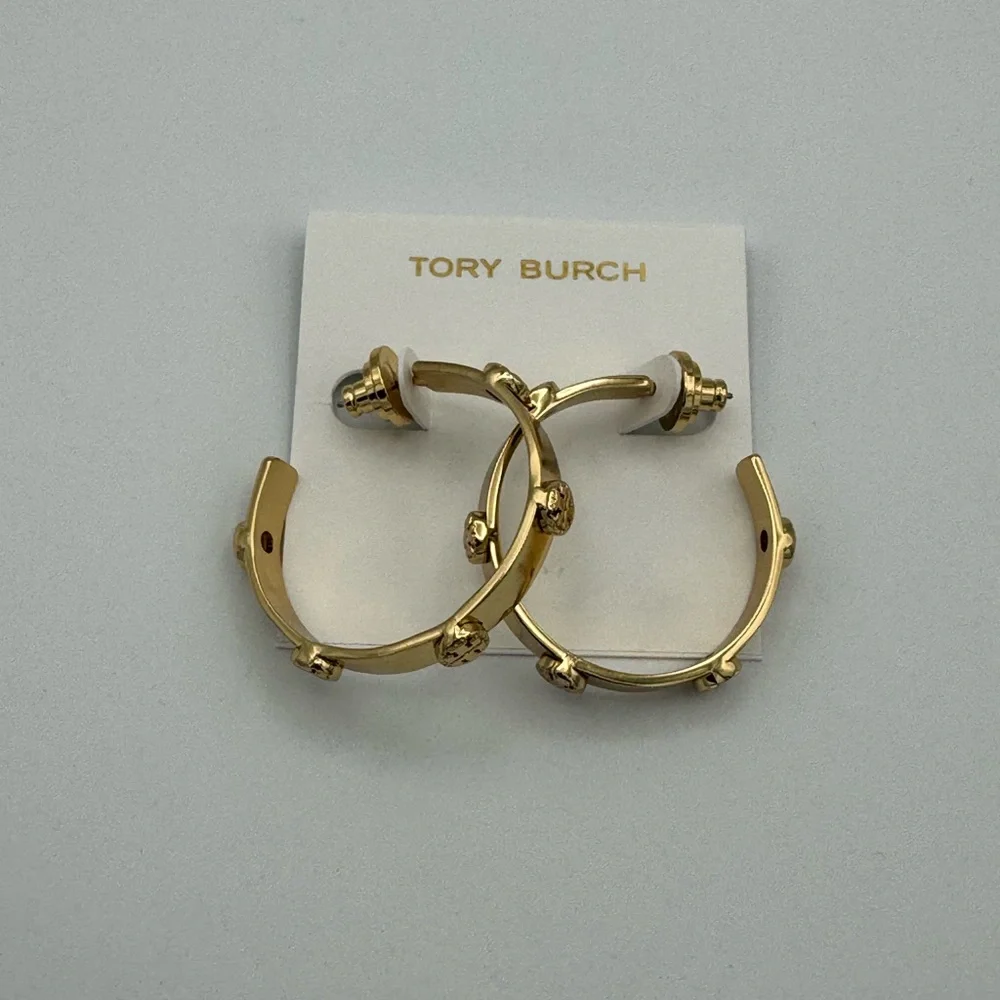 Tory Burch Polished Gold Logo-Stud Hoop Earrings